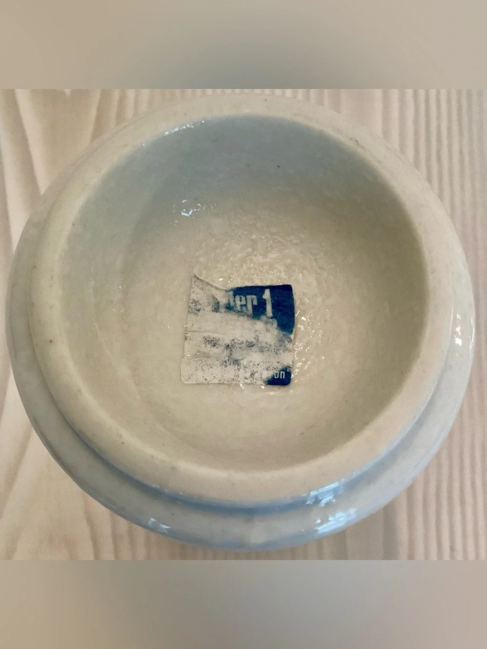 Pier 1 Imports Blue Rim White Ribbed Ceramic Sake Bottle Carafe Tokkuri Vase